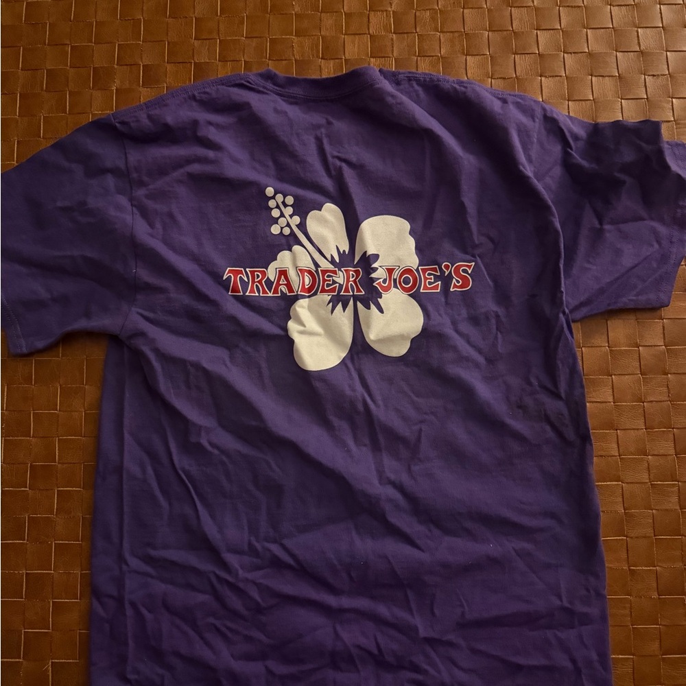 Trader Joe's Women's Purple Short Sleeve Tee with White Floral Logo